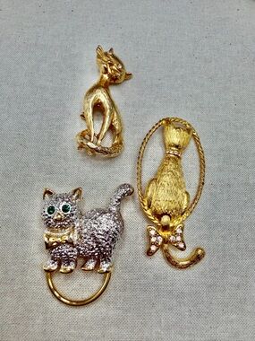 Vintage Gold and Silver Cat Brooch Set Themed Jewelry #1CA
